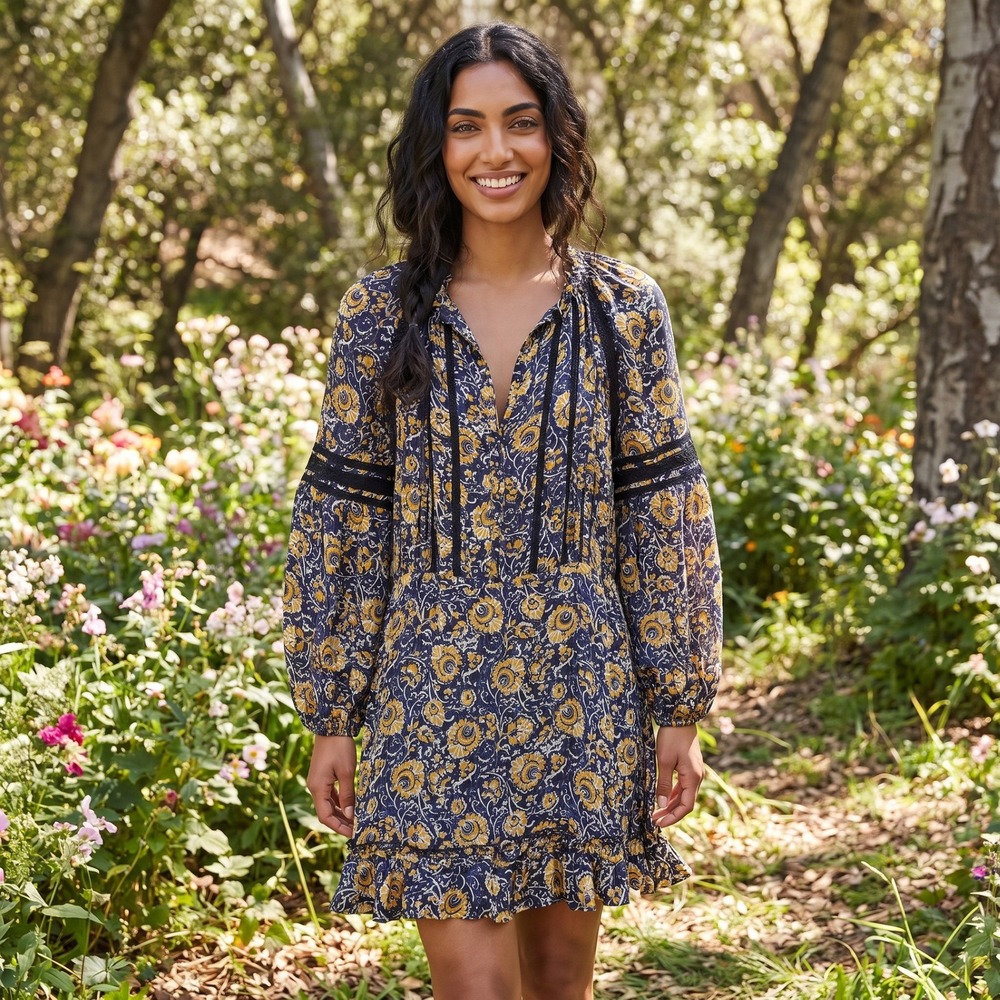 Veronica Beard Silk Mini Dress Women 8 Yellow Floral Boho Ruffle Paisley